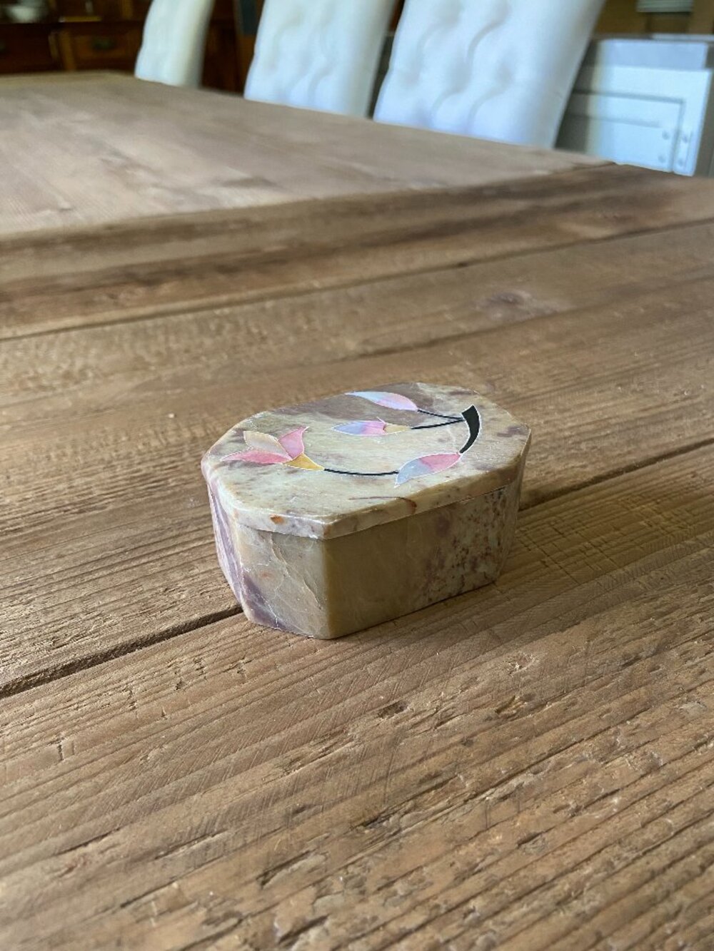 vintage alabaster trinket box, soapstone floral inlay box, carved stone jewelry